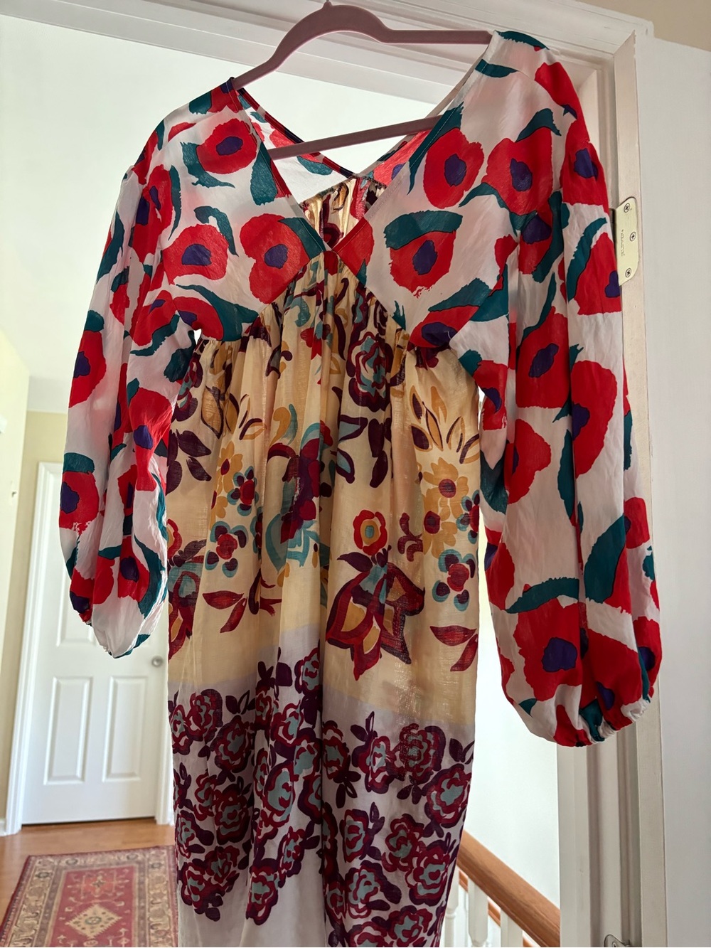 BUCKETLIST Red and Cream Floral Long Sleeve Midi Dress